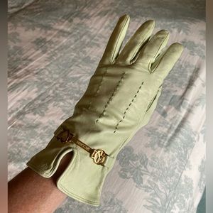 NWOT Moschino Light Green Leather Gloves, Gold Metal Accents